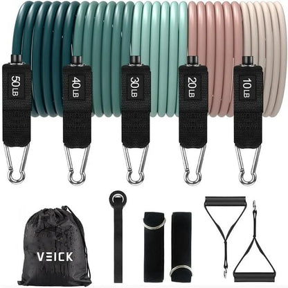 VEICK Resistance Bands Set, 10-150 LBS Stackable Exercise Bands with Handles, Ankle Straps & Door Anchor, Workout Bands for Home Gym, Yoga, Pilates, Physical Therapy for Men Women
