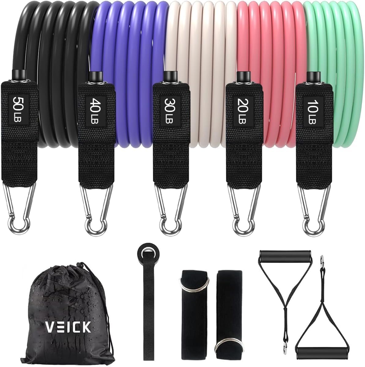 VEICK Resistance Bands Set, 10-150 LBS Stackable Exercise Bands with Handles, Ankle Straps & Door Anchor, Workout Bands for Home Gym, Yoga, Pilates, Physical Therapy for Men Women