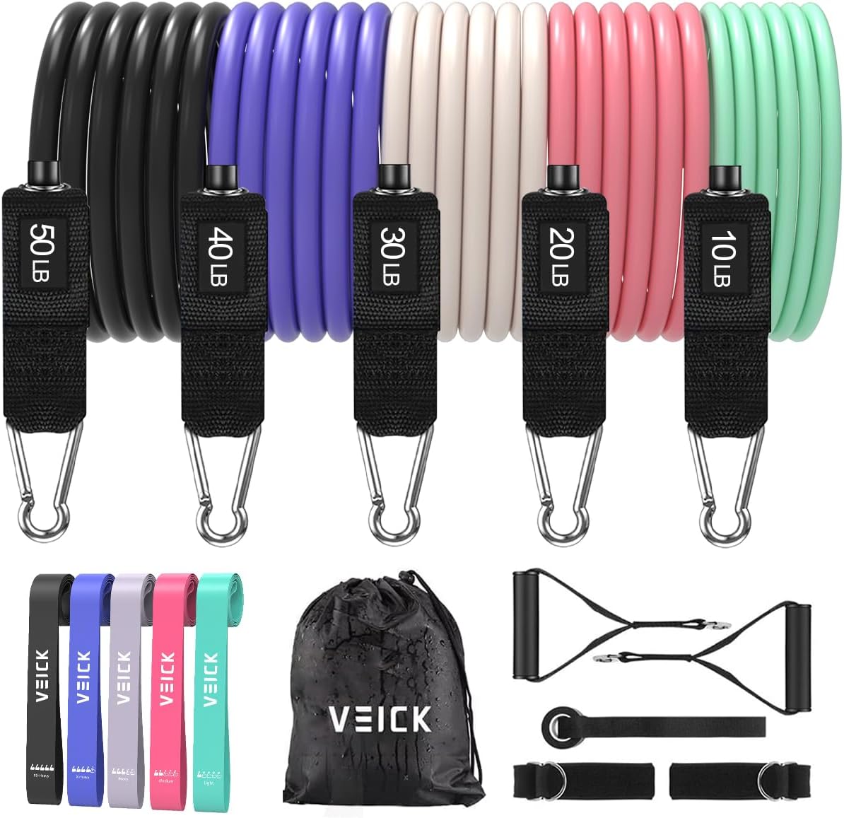 VEICK Resistance Bands Set, 10-150 LBS Stackable Exercise Bands with Handles, Ankle Straps & Door Anchor, Workout Bands for Home Gym, Yoga, Pilates, Physical Therapy for Men Women