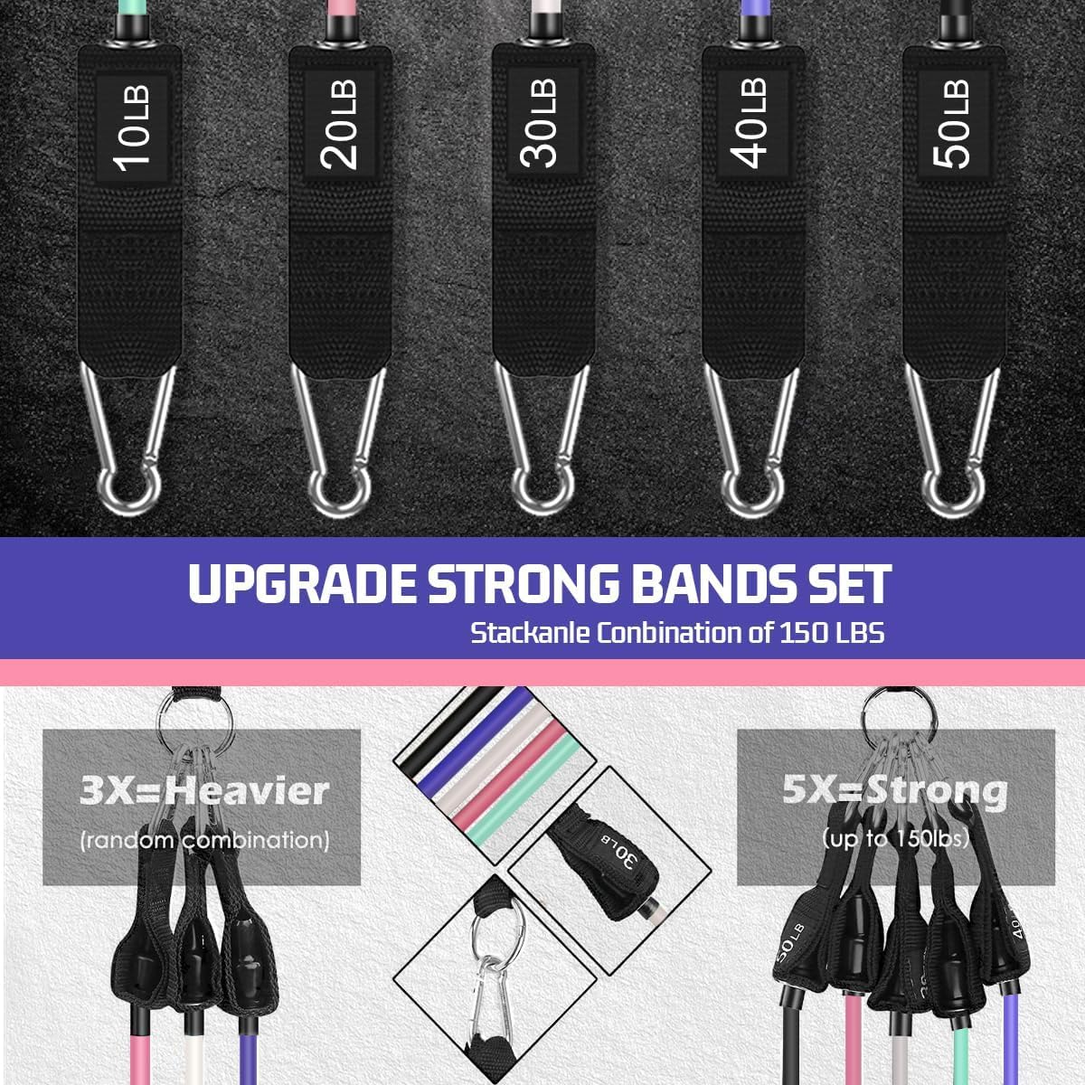 VEICK Resistance Bands Set, 10-150 LBS Stackable Exercise Bands with Handles, Ankle Straps & Door Anchor, Workout Bands for Home Gym, Yoga, Pilates, Physical Therapy for Men Women