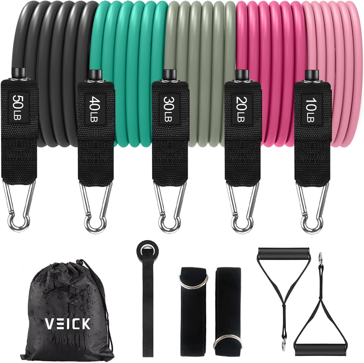 VEICK Resistance Bands Set, 10-150 LBS Stackable Exercise Bands with Handles, Ankle Straps & Door Anchor, Workout Bands for Home Gym, Yoga, Pilates, Physical Therapy for Men Women
