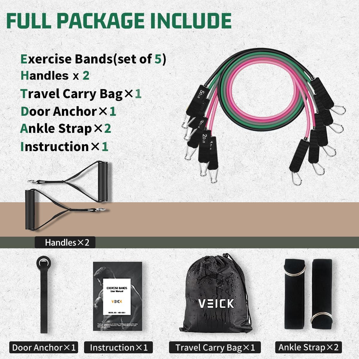 VEICK Resistance Bands Set, 10-150 LBS Stackable Exercise Bands with Handles, Ankle Straps & Door Anchor, Workout Bands for Home Gym, Yoga, Pilates, Physical Therapy for Men Women