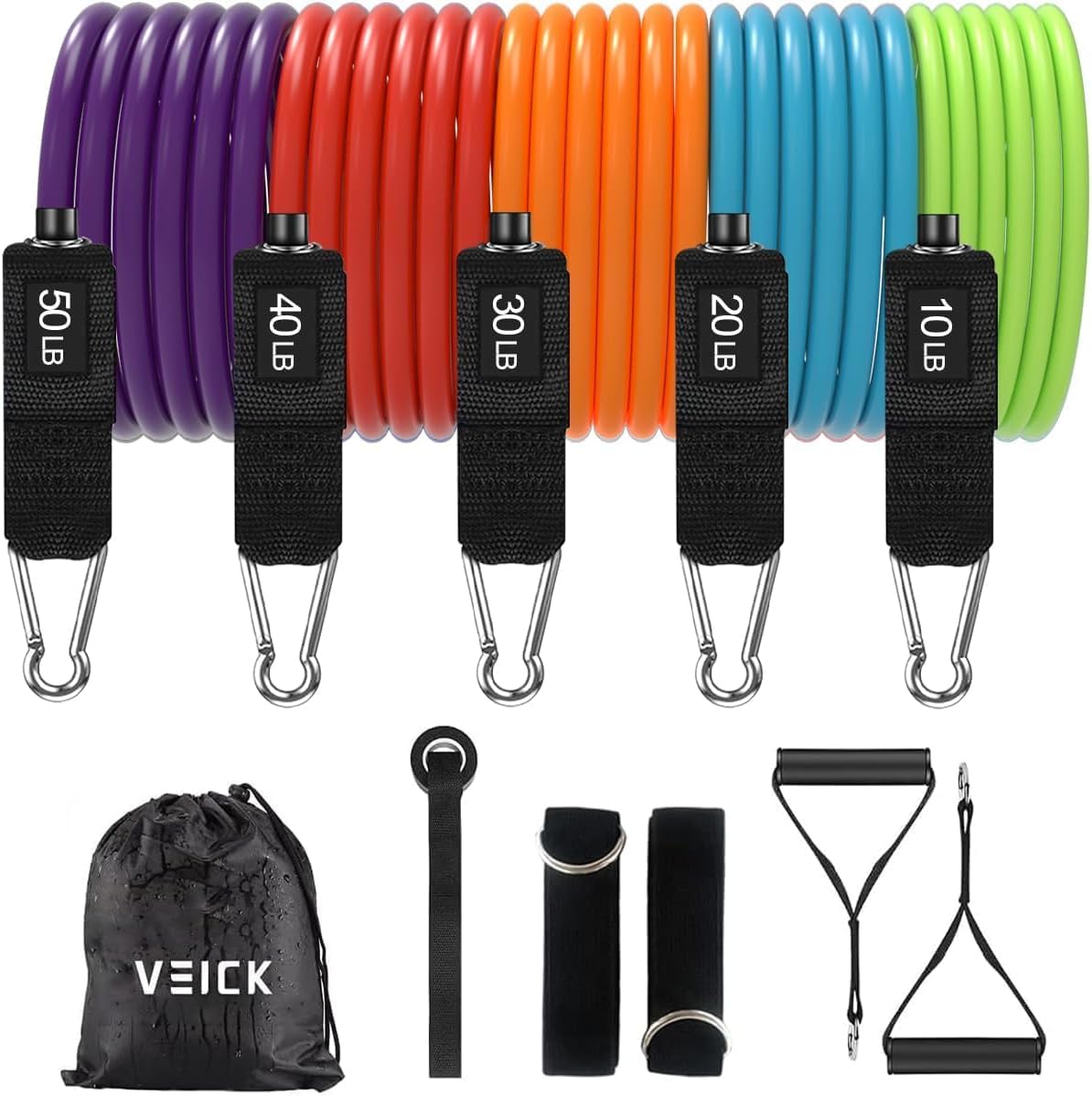 VEICK Resistance Bands Set, 10-150 LBS Stackable Exercise Bands with Handles, Ankle Straps & Door Anchor, Workout Bands for Home Gym, Yoga, Pilates, Physical Therapy for Men Women