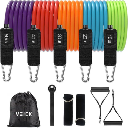 VEICK Resistance Bands Set, 10-150 LBS Stackable Exercise Bands with Handles, Ankle Straps & Door Anchor, Workout Bands for Home Gym, Yoga, Pilates, Physical Therapy for Men Women
