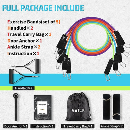 VEICK Resistance Bands Set, 10-150 LBS Stackable Exercise Bands with Handles, Ankle Straps & Door Anchor, Workout Bands for Home Gym, Yoga, Pilates, Physical Therapy for Men Women