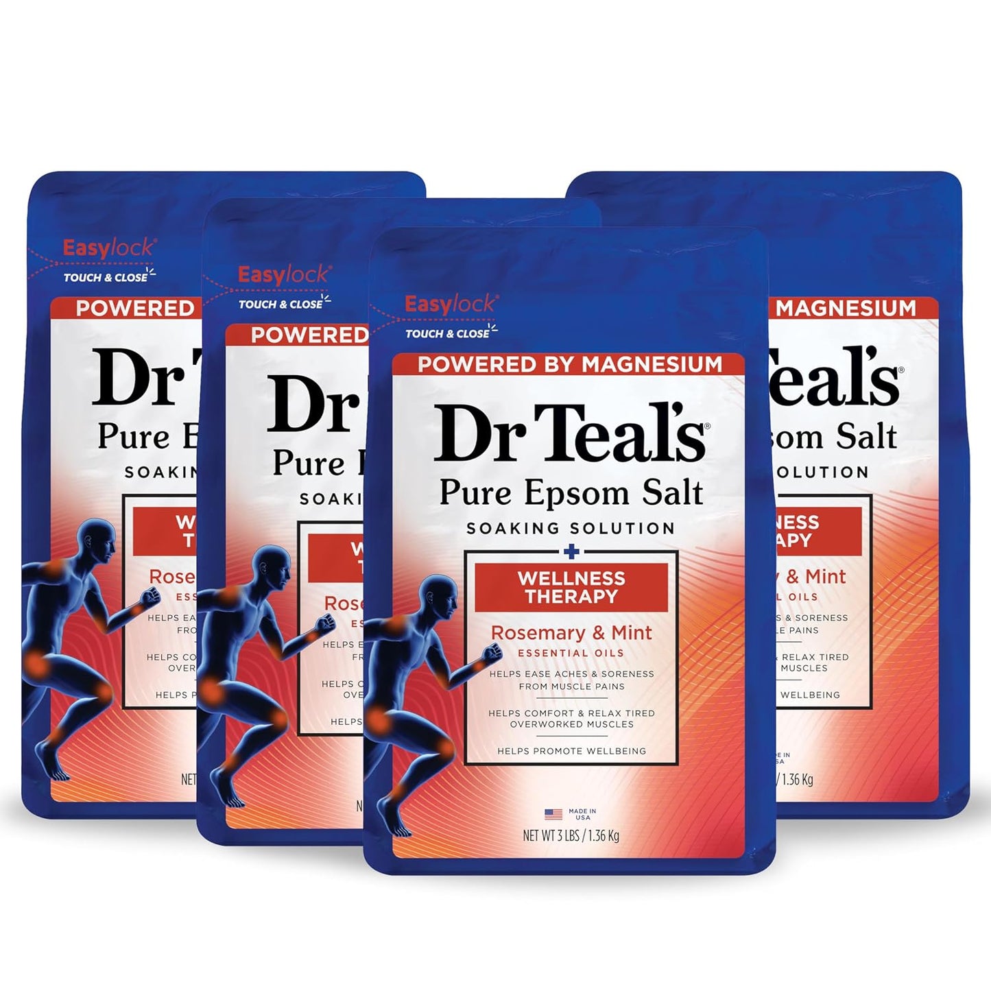 Pure Epsom Salt Soak, Wellness Therapy with Rosemary & Mint, 3 lbs (Pack of 4)