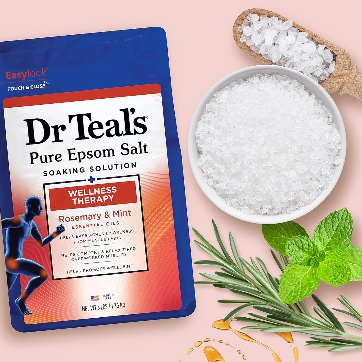 Pure Epsom Salt Soak, Wellness Therapy with Rosemary & Mint, 3 lbs (Pack of 4)