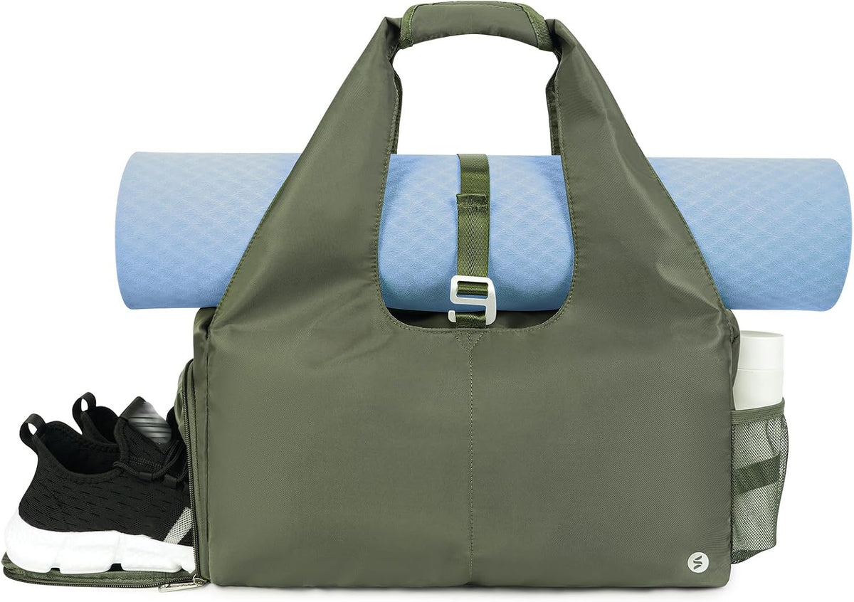 Tote Yoga Mat Gym Bag 20L Women W/Shoe Compartment Wet Dry Pocket | Water-Resistant Gym Tote - Mat Strap, Ventilated Shoe Bin, Wet Pocket, Padded Handle, Multi Pockets, Side Mesh & Key Clip