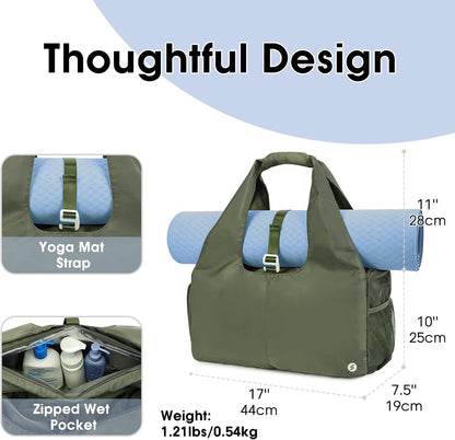 Tote Yoga Mat Gym Bag 20L Women W/Shoe Compartment Wet Dry Pocket | Water-Resistant Gym Tote - Mat Strap, Ventilated Shoe Bin, Wet Pocket, Padded Handle, Multi Pockets, Side Mesh & Key Clip