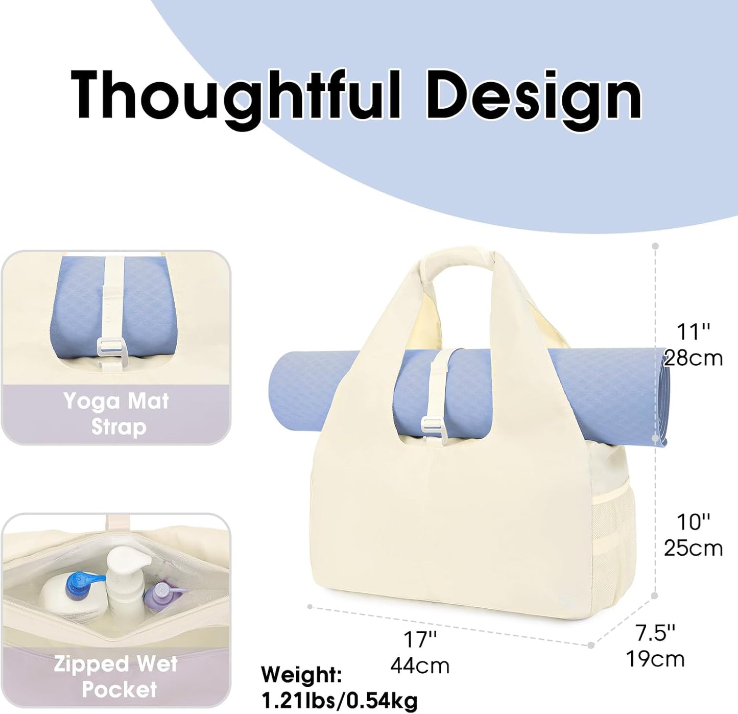 Tote Yoga Mat Gym Bag 20L Women W/Shoe Compartment Wet Dry Pocket | Water-Resistant Gym Tote - Mat Strap, Ventilated Shoe Bin, Wet Pocket, Padded Handle, Multi Pockets, Side Mesh & Key Clip