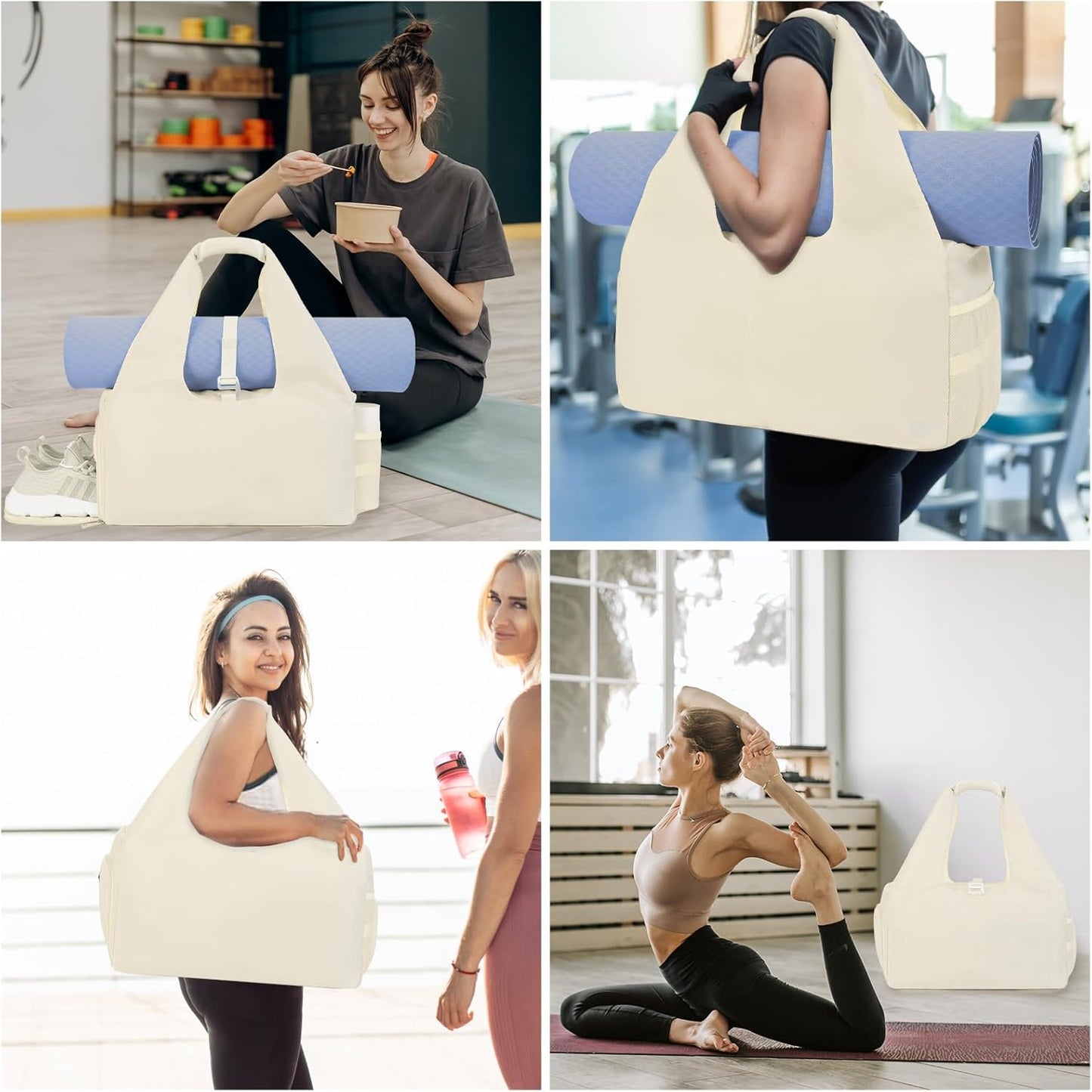 Tote Yoga Mat Gym Bag 20L Women W/Shoe Compartment Wet Dry Pocket | Water-Resistant Gym Tote - Mat Strap, Ventilated Shoe Bin, Wet Pocket, Padded Handle, Multi Pockets, Side Mesh & Key Clip