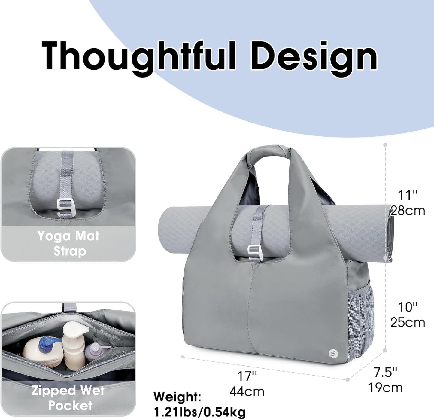 Tote Yoga Mat Gym Bag 20L Women W/Shoe Compartment Wet Dry Pocket | Water-Resistant Gym Tote - Mat Strap, Ventilated Shoe Bin, Wet Pocket, Padded Handle, Multi Pockets, Side Mesh & Key Clip