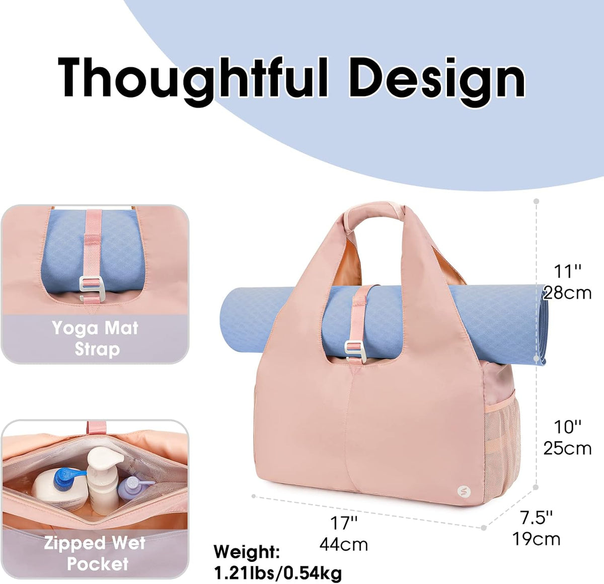 Tote Yoga Mat Gym Bag 20L Women W/Shoe Compartment Wet Dry Pocket | Water-Resistant Gym Tote - Mat Strap, Ventilated Shoe Bin, Wet Pocket, Padded Handle, Multi Pockets, Side Mesh & Key Clip