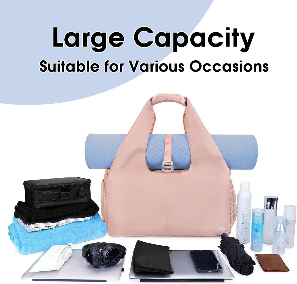 Tote Yoga Mat Gym Bag 20L Women W/Shoe Compartment Wet Dry Pocket | Water-Resistant Gym Tote - Mat Strap, Ventilated Shoe Bin, Wet Pocket, Padded Handle, Multi Pockets, Side Mesh & Key Clip