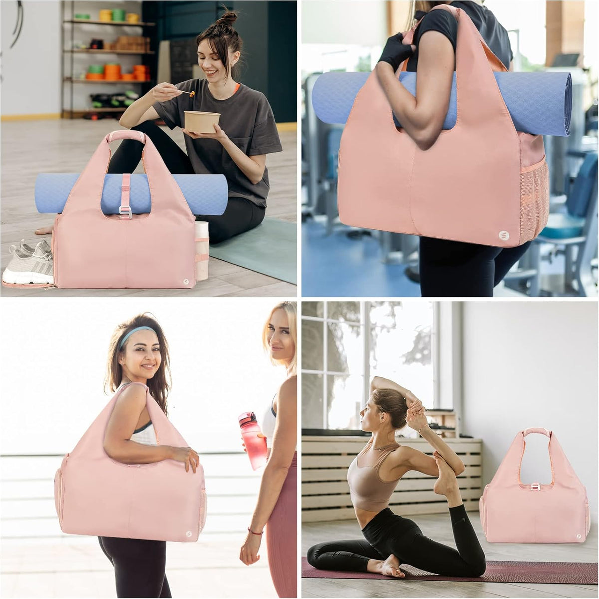 Tote Yoga Mat Gym Bag 20L Women W/Shoe Compartment Wet Dry Pocket | Water-Resistant Gym Tote - Mat Strap, Ventilated Shoe Bin, Wet Pocket, Padded Handle, Multi Pockets, Side Mesh & Key Clip
