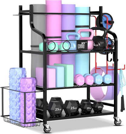 Yoga Mat Storage Racks,Home Gym Storage Rack for Dumbbells Kettlebells Foam Roller, Yoga Strap and Resistance Bands, Workout Equipment Storage Organizer With Hooks and Wheels