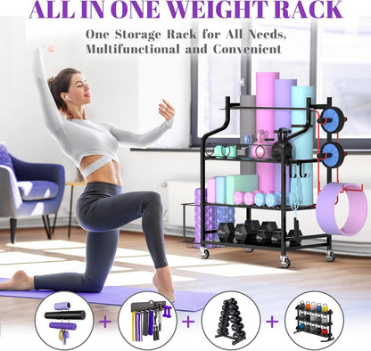 Yoga Mat Storage Racks,Home Gym Storage Rack for Dumbbells Kettlebells Foam Roller, Yoga Strap and Resistance Bands, Workout Equipment Storage Organizer With Hooks and Wheels
