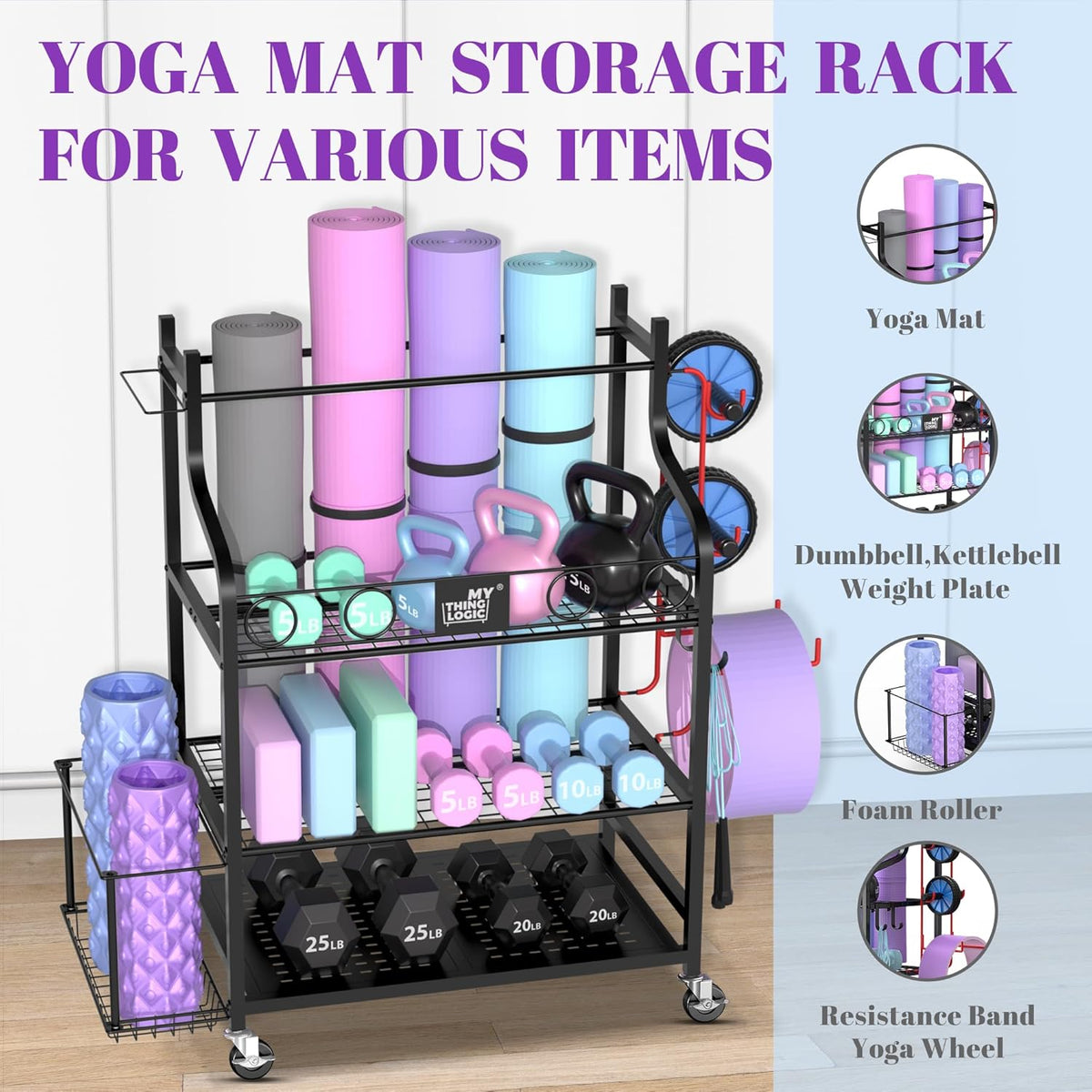 Yoga Mat Storage Racks,Home Gym Storage Rack for Dumbbells Kettlebells Foam Roller, Yoga Strap and Resistance Bands, Workout Equipment Storage Organizer With Hooks and Wheels