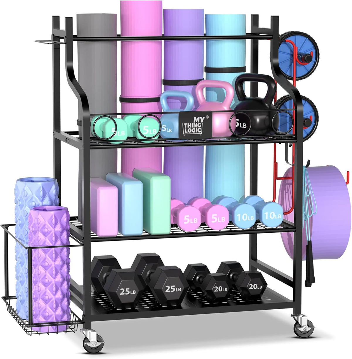Yoga Mat Storage Racks,Home Gym Storage Rack for Dumbbells Kettlebells Foam Roller, Yoga Strap and Resistance Bands, Workout Equipment Storage Organizer With Hooks and Wheels