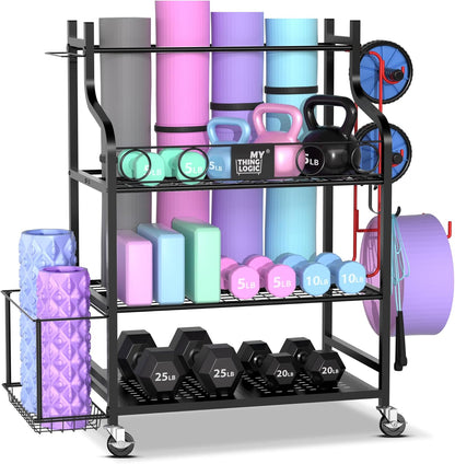 Yoga Mat Storage Racks,Home Gym Storage Rack for Dumbbells Kettlebells Foam Roller, Yoga Strap and Resistance Bands, Workout Equipment Storage Organizer With Hooks and Wheels