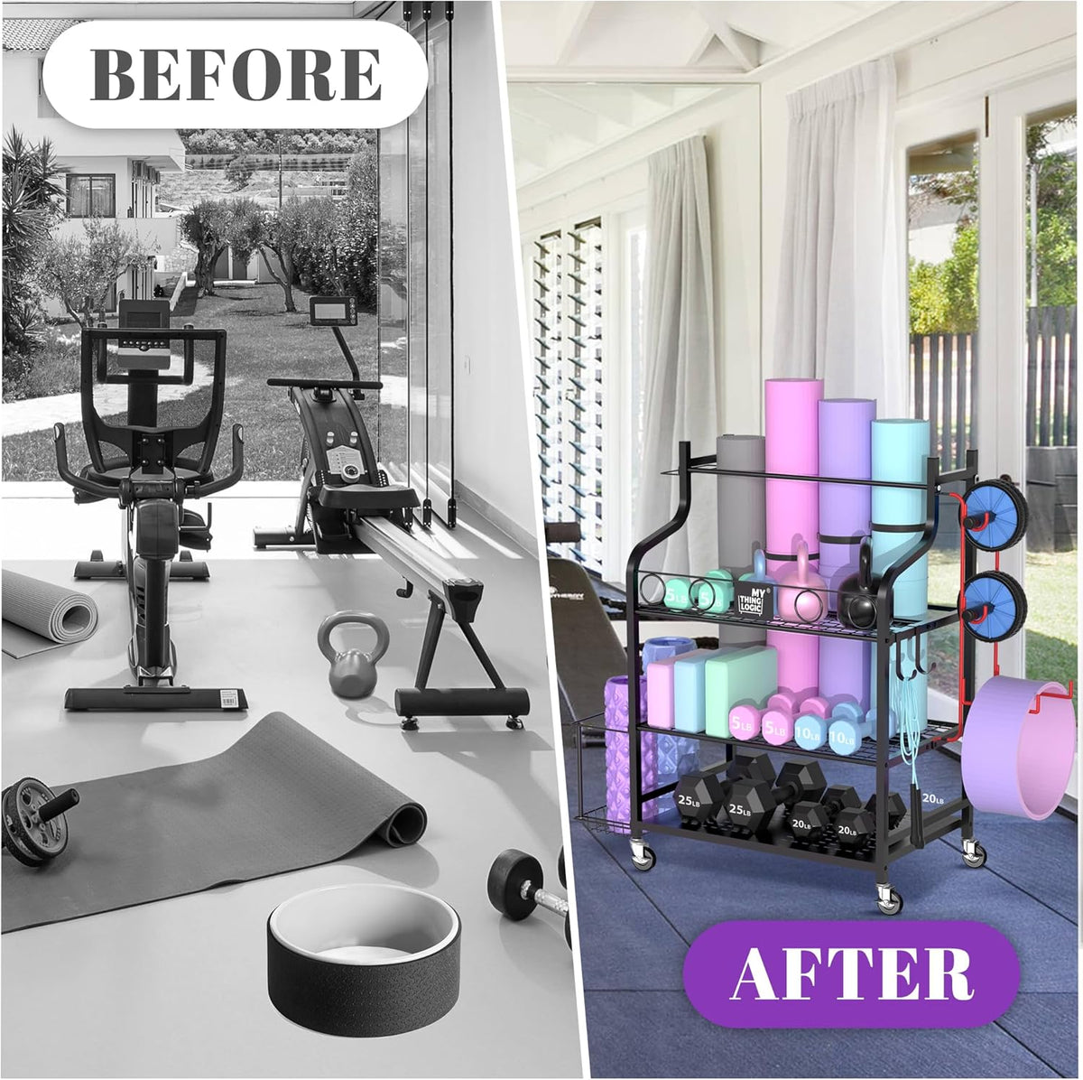 Yoga Mat Storage Racks,Home Gym Storage Rack for Dumbbells Kettlebells Foam Roller, Yoga Strap and Resistance Bands, Workout Equipment Storage Organizer With Hooks and Wheels