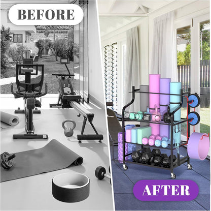 Yoga Mat Storage Racks,Home Gym Storage Rack for Dumbbells Kettlebells Foam Roller, Yoga Strap and Resistance Bands, Workout Equipment Storage Organizer With Hooks and Wheels