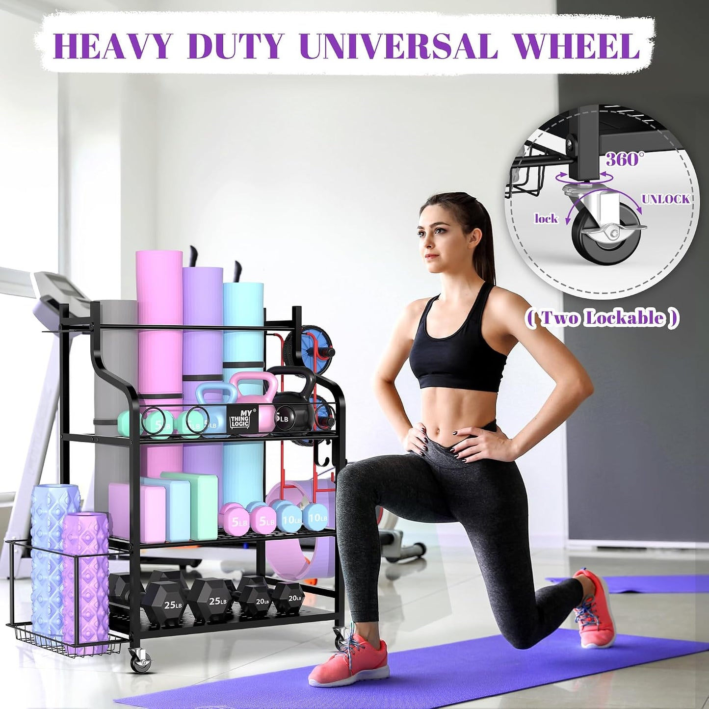 Yoga Mat Storage Racks,Home Gym Storage Rack for Dumbbells Kettlebells Foam Roller, Yoga Strap and Resistance Bands, Workout Equipment Storage Organizer With Hooks and Wheels