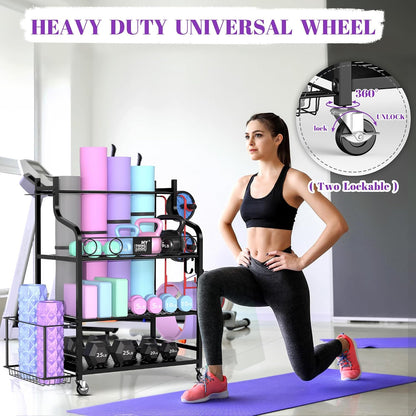 Yoga Mat Storage Racks,Home Gym Storage Rack for Dumbbells Kettlebells Foam Roller, Yoga Strap and Resistance Bands, Workout Equipment Storage Organizer With Hooks and Wheels