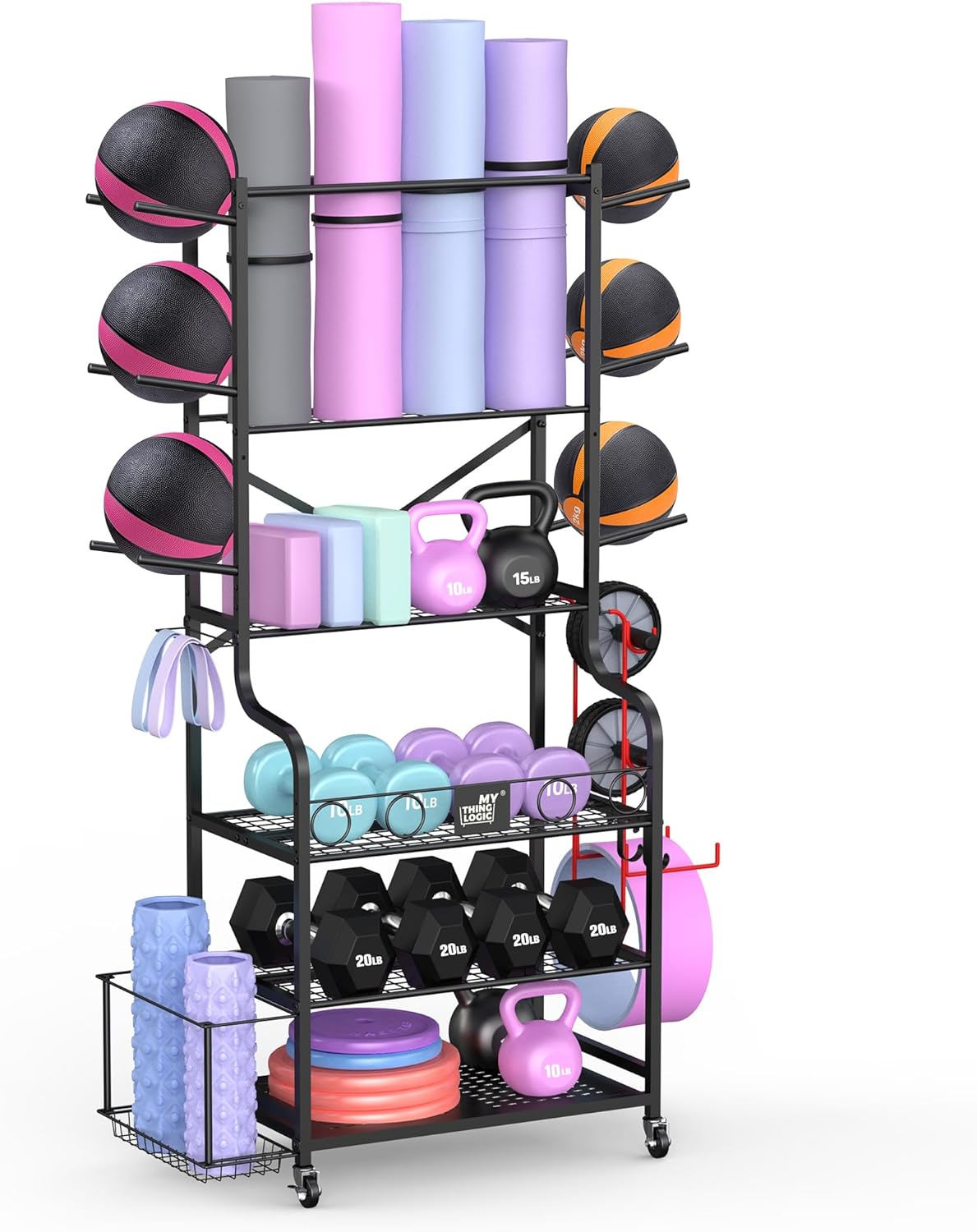 Yoga Mat Storage Racks,Home Gym Storage Rack for Dumbbells Kettlebells Foam Roller, Yoga Strap and Resistance Bands, Workout Equipment Storage Organizer With Hooks and Wheels