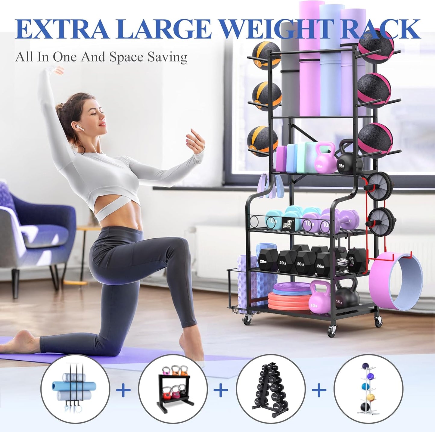Yoga Mat Storage Racks,Home Gym Storage Rack for Dumbbells Kettlebells Foam Roller, Yoga Strap and Resistance Bands, Workout Equipment Storage Organizer With Hooks and Wheels