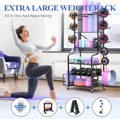 Yoga Mat Storage Racks,Home Gym Storage Rack for Dumbbells Kettlebells Foam Roller, Yoga Strap and Resistance Bands, Workout Equipment Storage Organizer With Hooks and Wheels