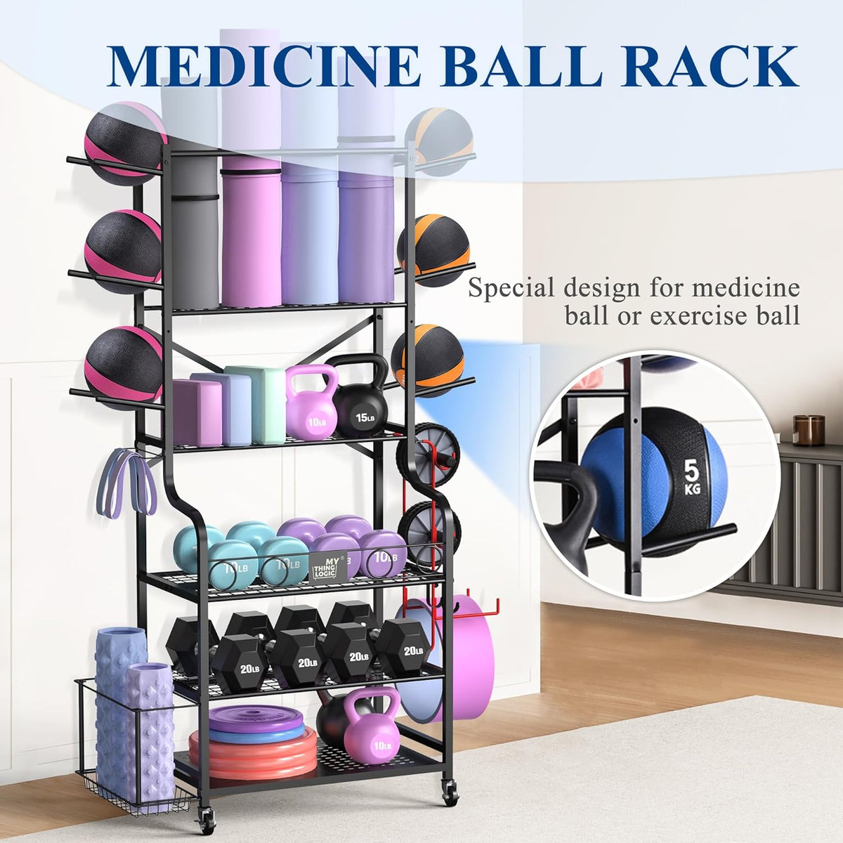 Yoga Mat Storage Racks,Home Gym Storage Rack for Dumbbells Kettlebells Foam Roller, Yoga Strap and Resistance Bands, Workout Equipment Storage Organizer With Hooks and Wheels