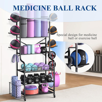 Yoga Mat Storage Racks,Home Gym Storage Rack for Dumbbells Kettlebells Foam Roller, Yoga Strap and Resistance Bands, Workout Equipment Storage Organizer With Hooks and Wheels