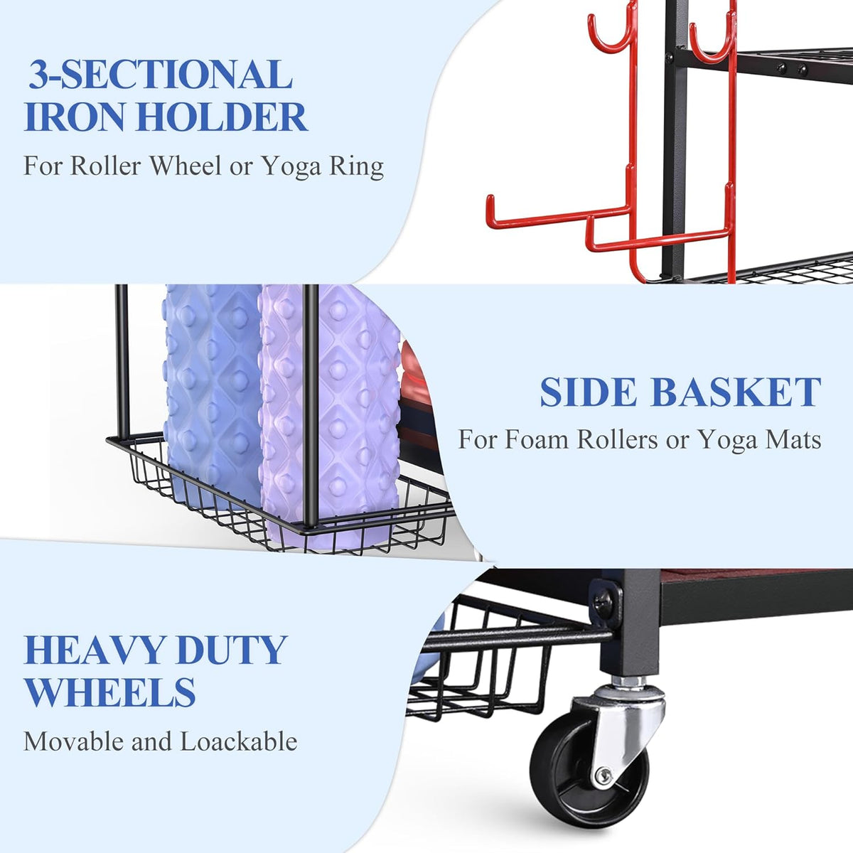 Yoga Mat Storage Racks,Home Gym Storage Rack for Dumbbells Kettlebells Foam Roller, Yoga Strap and Resistance Bands, Workout Equipment Storage Organizer With Hooks and Wheels
