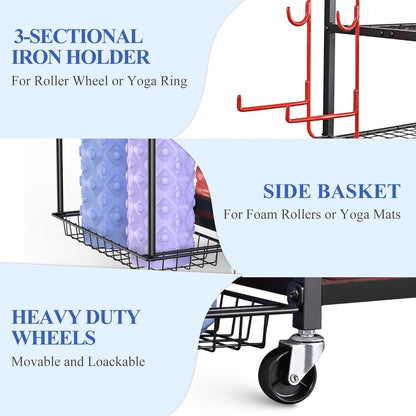 Yoga Mat Storage Racks,Home Gym Storage Rack for Dumbbells Kettlebells Foam Roller, Yoga Strap and Resistance Bands, Workout Equipment Storage Organizer With Hooks and Wheels