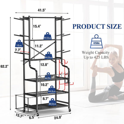 Yoga Mat Storage Racks,Home Gym Storage Rack for Dumbbells Kettlebells Foam Roller, Yoga Strap and Resistance Bands, Workout Equipment Storage Organizer With Hooks and Wheels