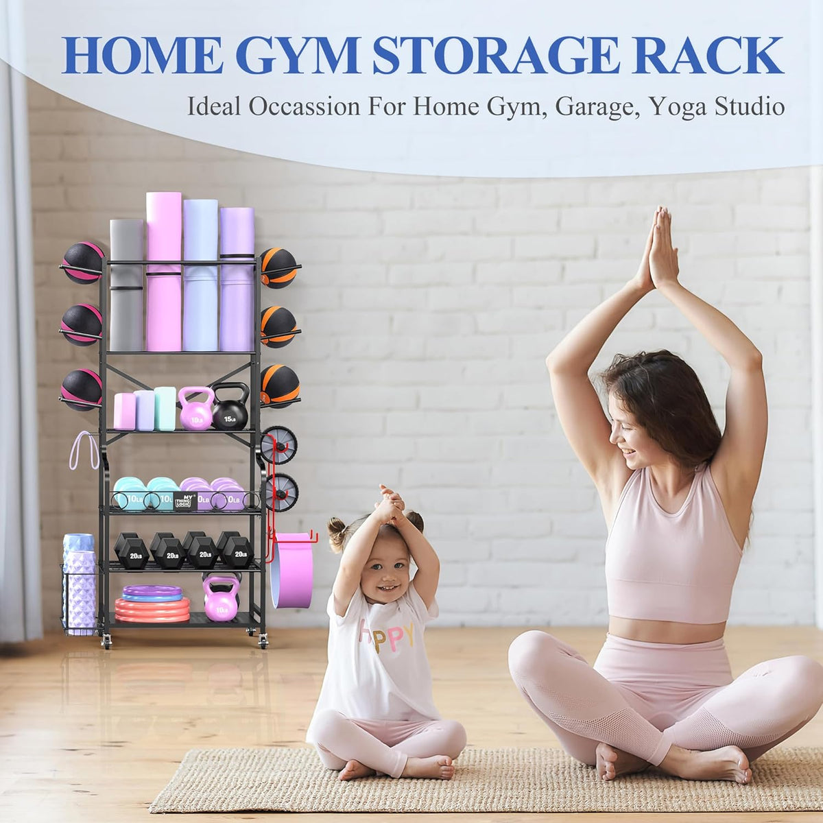 Yoga Mat Storage Racks,Home Gym Storage Rack for Dumbbells Kettlebells Foam Roller, Yoga Strap and Resistance Bands, Workout Equipment Storage Organizer With Hooks and Wheels