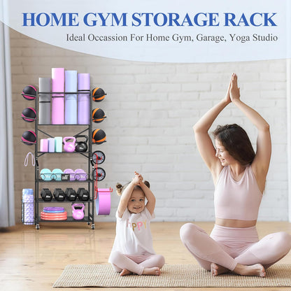 Yoga Mat Storage Racks,Home Gym Storage Rack for Dumbbells Kettlebells Foam Roller, Yoga Strap and Resistance Bands, Workout Equipment Storage Organizer With Hooks and Wheels