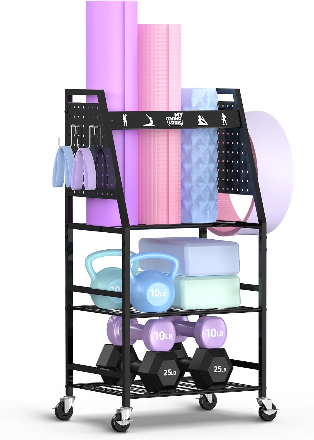 Yoga Mat Storage Racks,Home Gym Storage Rack for Dumbbells Kettlebells Foam Roller, Yoga Strap and Resistance Bands, Workout Equipment Storage Organizer With Hooks and Wheels