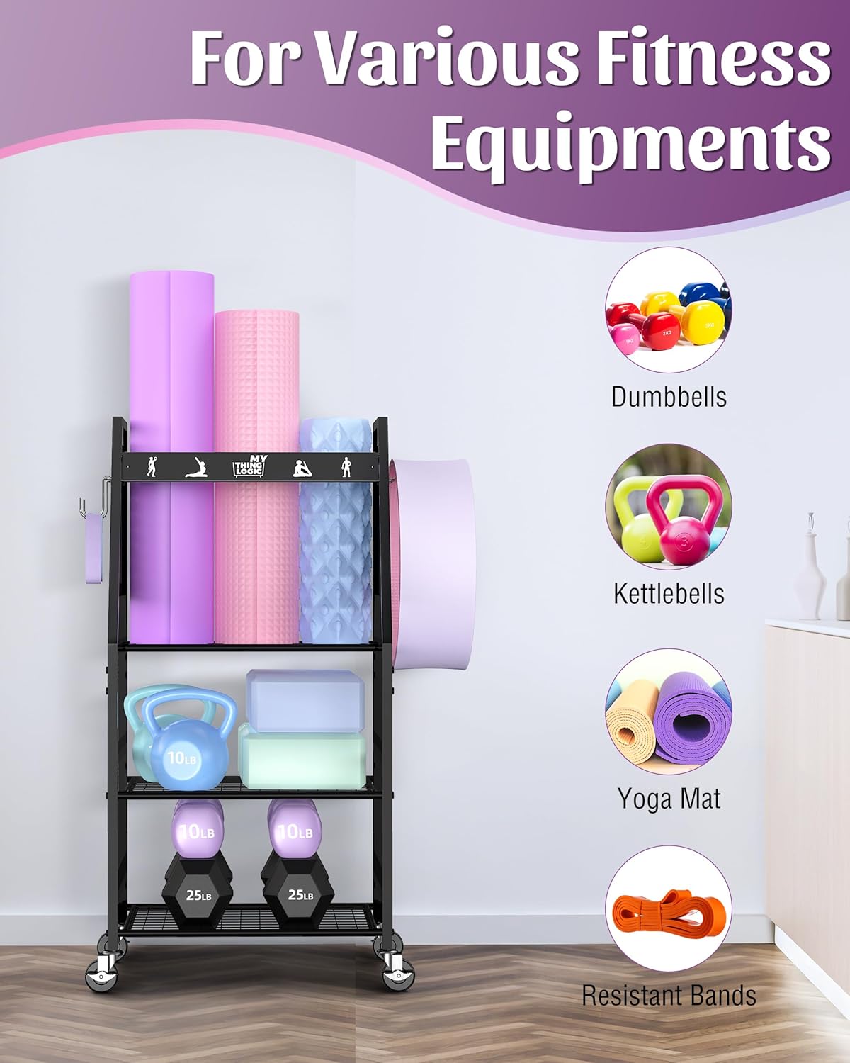 Yoga Mat Storage Racks,Home Gym Storage Rack for Dumbbells Kettlebells Foam Roller, Yoga Strap and Resistance Bands, Workout Equipment Storage Organizer With Hooks and Wheels