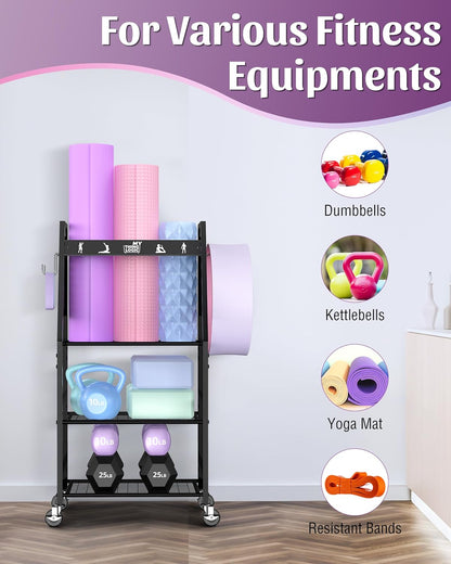 Yoga Mat Storage Racks,Home Gym Storage Rack for Dumbbells Kettlebells Foam Roller, Yoga Strap and Resistance Bands, Workout Equipment Storage Organizer With Hooks and Wheels