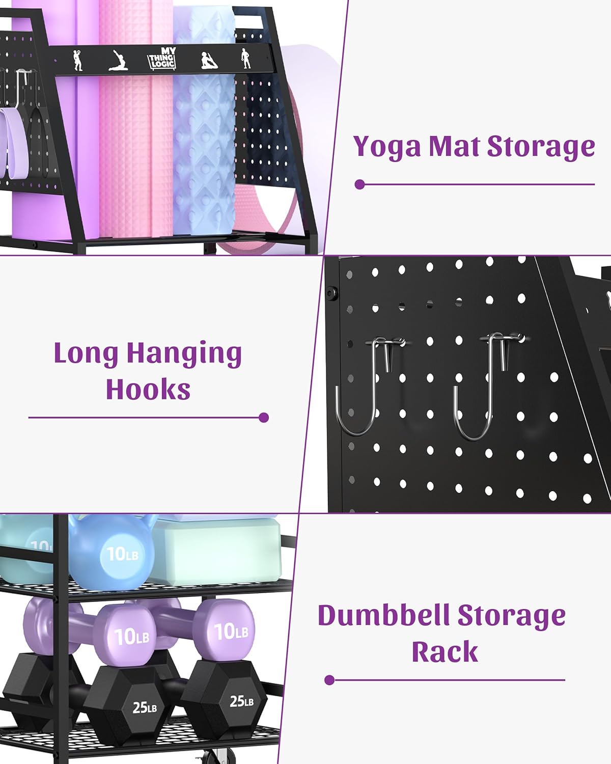 Yoga Mat Storage Racks,Home Gym Storage Rack for Dumbbells Kettlebells Foam Roller, Yoga Strap and Resistance Bands, Workout Equipment Storage Organizer With Hooks and Wheels