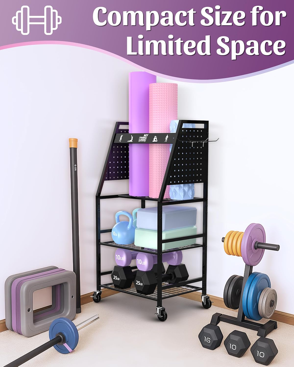 Yoga Mat Storage Racks,Home Gym Storage Rack for Dumbbells Kettlebells Foam Roller, Yoga Strap and Resistance Bands, Workout Equipment Storage Organizer With Hooks and Wheels