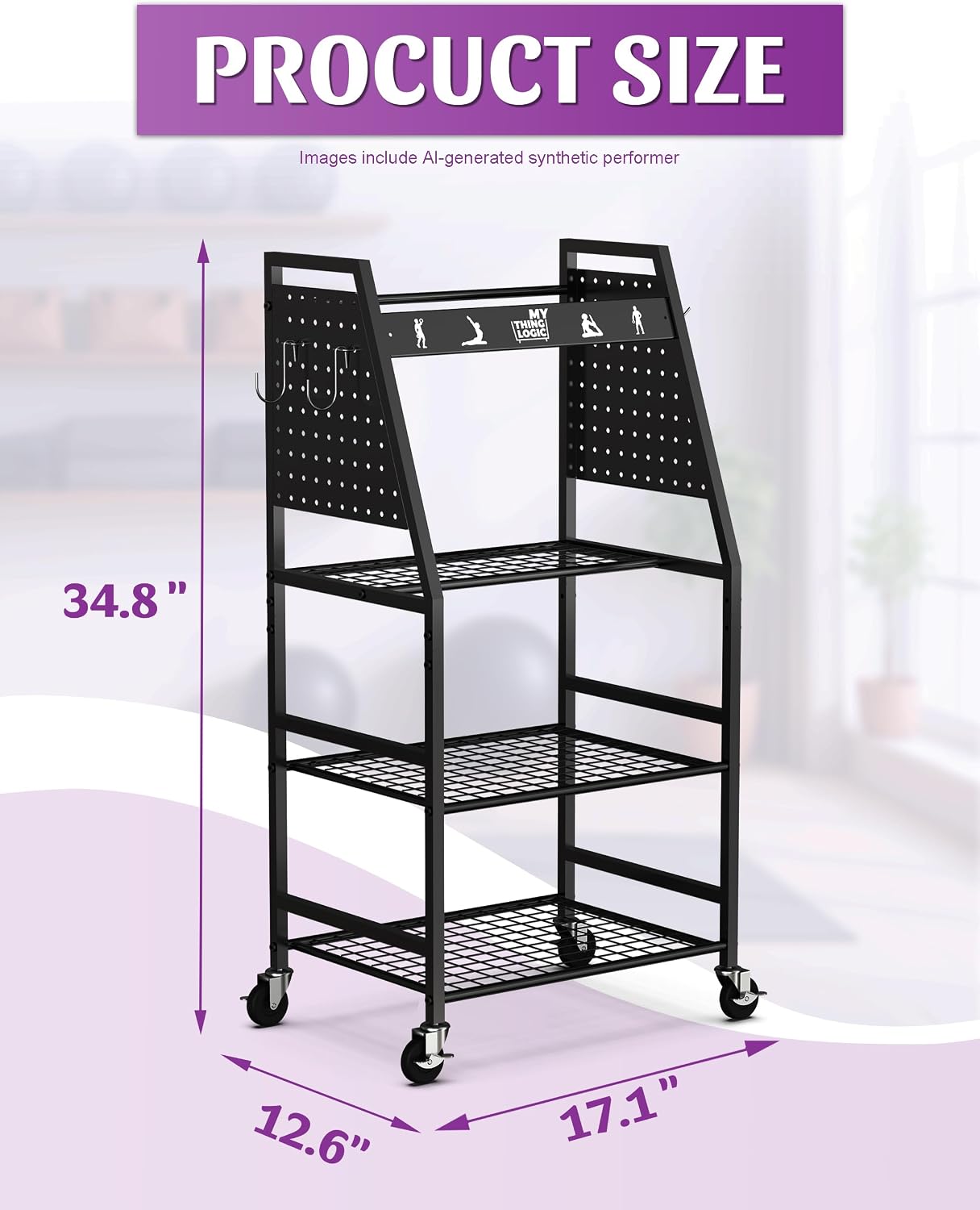Yoga Mat Storage Racks,Home Gym Storage Rack for Dumbbells Kettlebells Foam Roller, Yoga Strap and Resistance Bands, Workout Equipment Storage Organizer With Hooks and Wheels