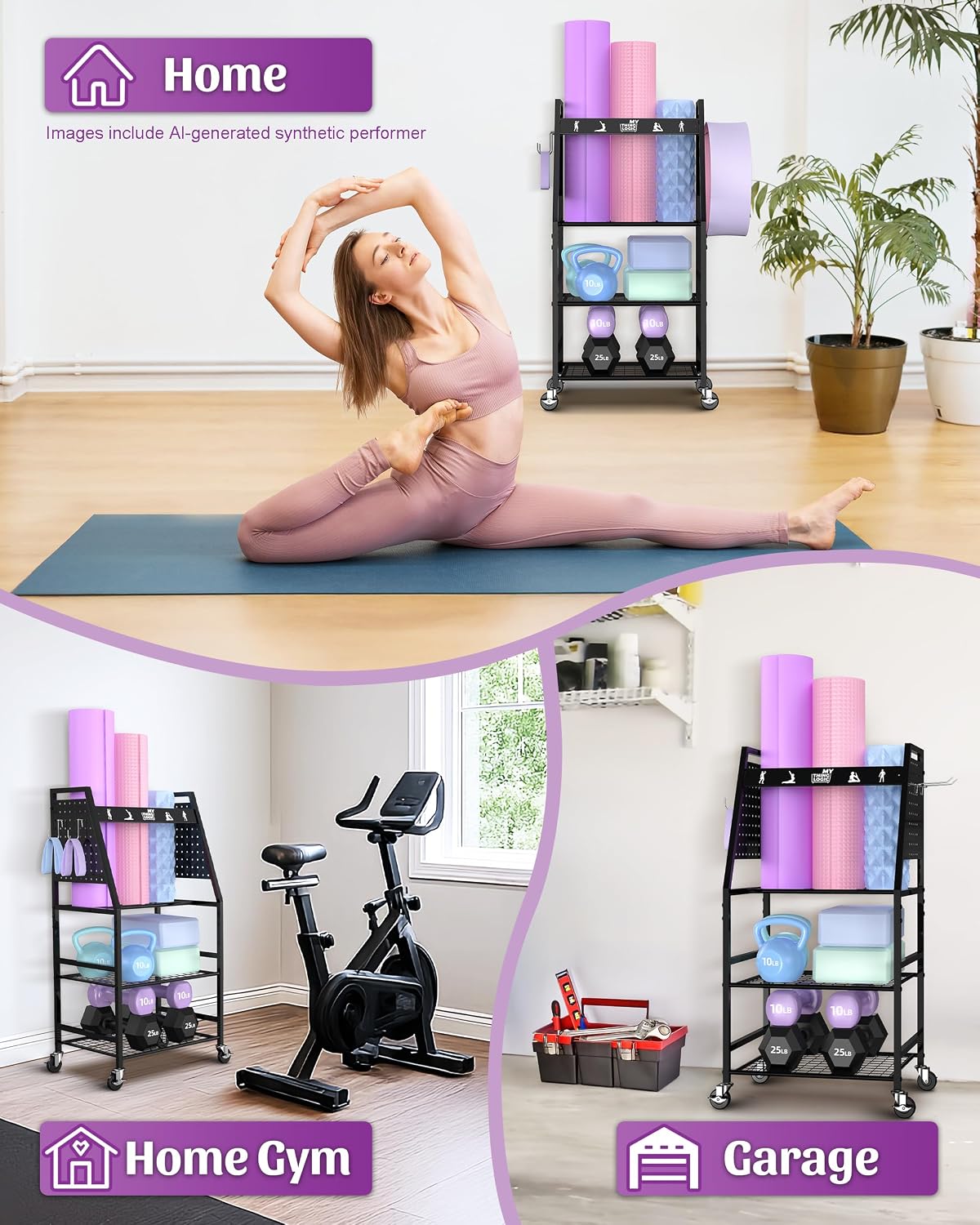 Yoga Mat Storage Racks,Home Gym Storage Rack for Dumbbells Kettlebells Foam Roller, Yoga Strap and Resistance Bands, Workout Equipment Storage Organizer With Hooks and Wheels