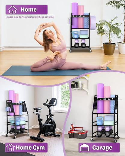 Yoga Mat Storage Racks,Home Gym Storage Rack for Dumbbells Kettlebells Foam Roller, Yoga Strap and Resistance Bands, Workout Equipment Storage Organizer With Hooks and Wheels