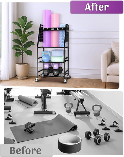 Yoga Mat Storage Racks,Home Gym Storage Rack for Dumbbells Kettlebells Foam Roller, Yoga Strap and Resistance Bands, Workout Equipment Storage Organizer With Hooks and Wheels