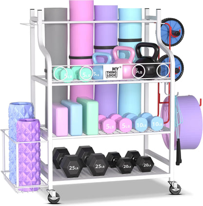 Yoga Mat Storage Racks,Home Gym Storage Rack for Dumbbells Kettlebells Foam Roller, Yoga Strap and Resistance Bands, Workout Equipment Storage Organizer With Hooks and Wheels