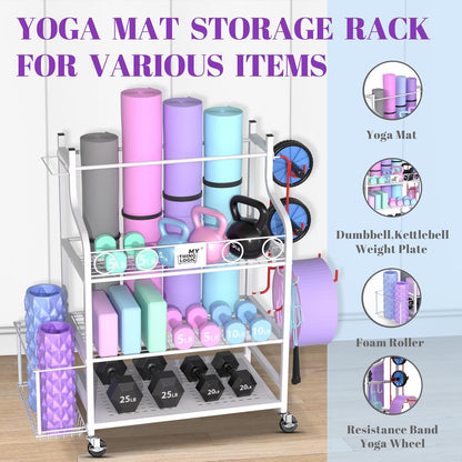 Yoga Mat Storage Racks,Home Gym Storage Rack for Dumbbells Kettlebells Foam Roller, Yoga Strap and Resistance Bands, Workout Equipment Storage Organizer With Hooks and Wheels
