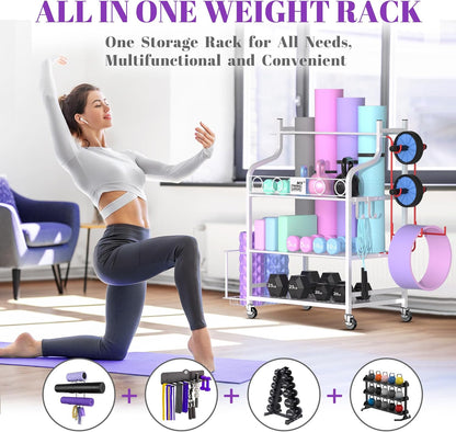 Yoga Mat Storage Racks,Home Gym Storage Rack for Dumbbells Kettlebells Foam Roller, Yoga Strap and Resistance Bands, Workout Equipment Storage Organizer With Hooks and Wheels